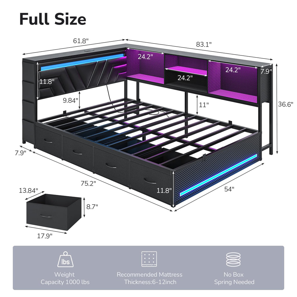 Corner Bed Frame with Storage Bookcase and 4 Drawers I91667