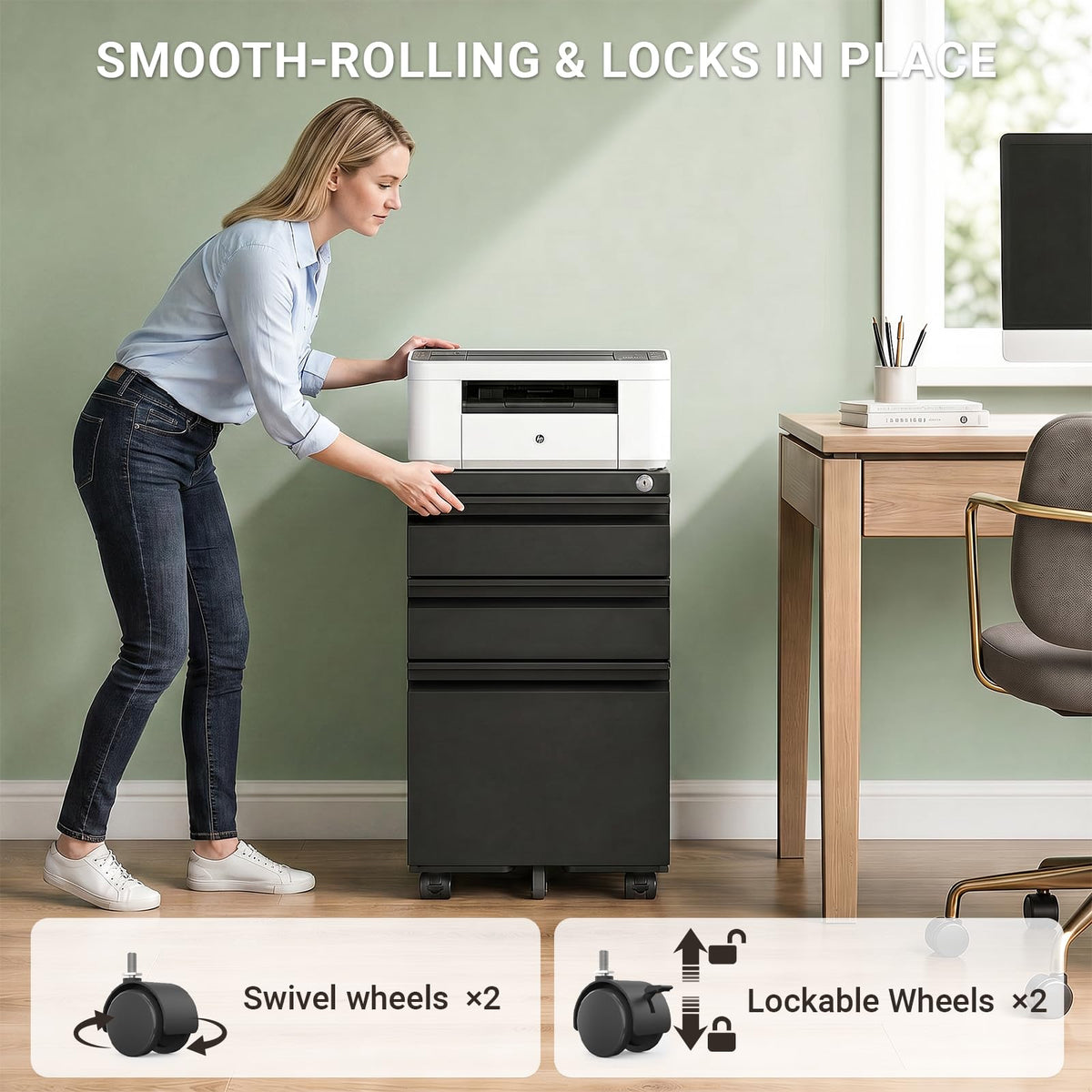 Black 3 Drawer Mobile File Cabinet with Lock D3959