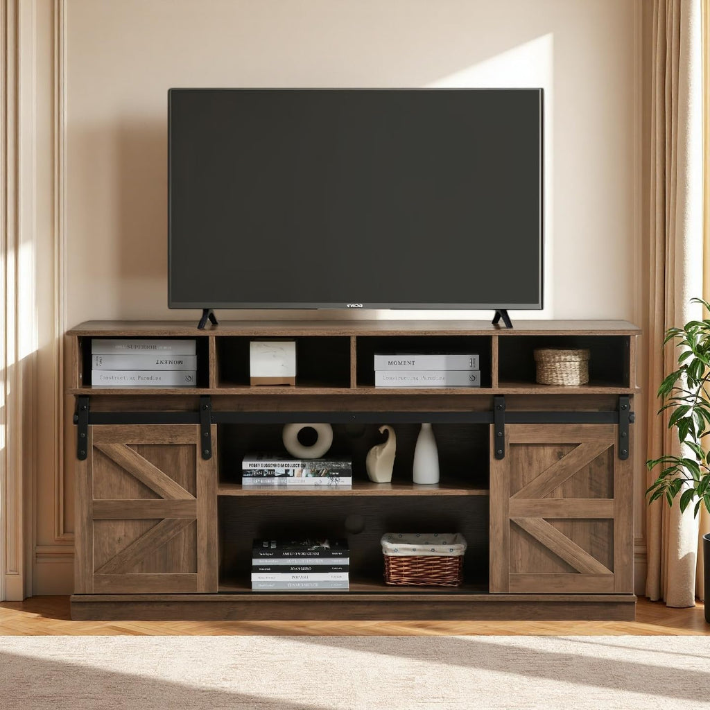 Brown TV Stand with Storage Cabinets & Sliding Barn Doors H4948