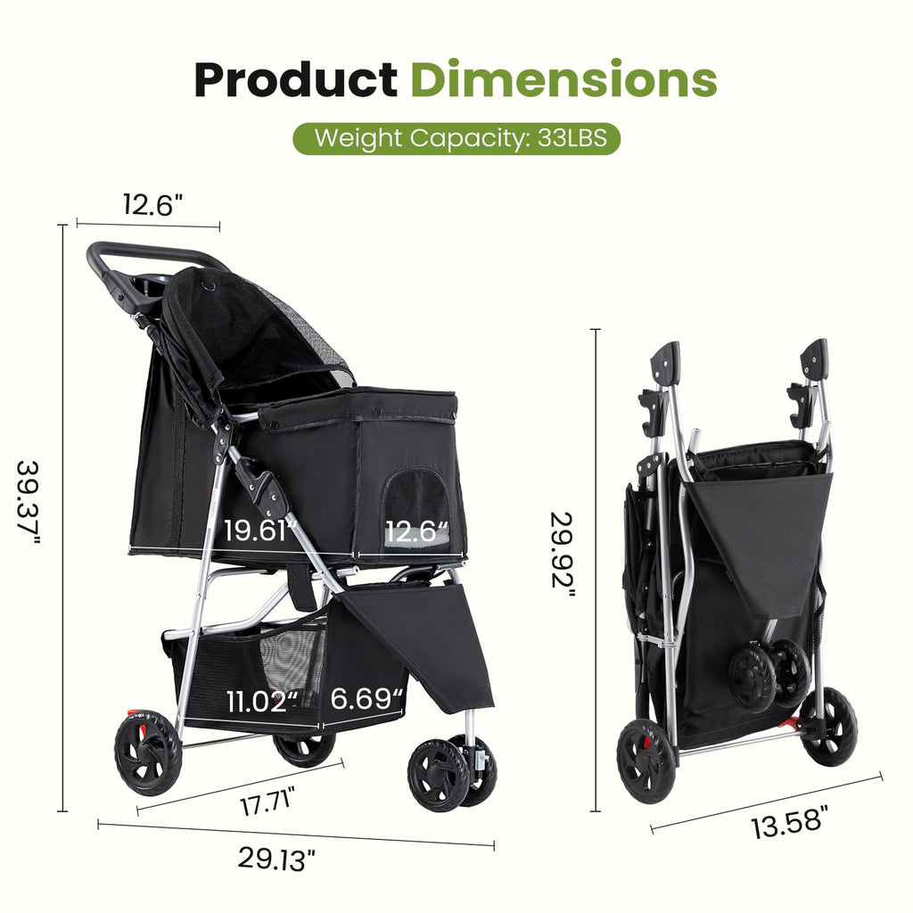 3 Wheels Pet Stroller with Storage Basket and Cup Holder, Black A90780