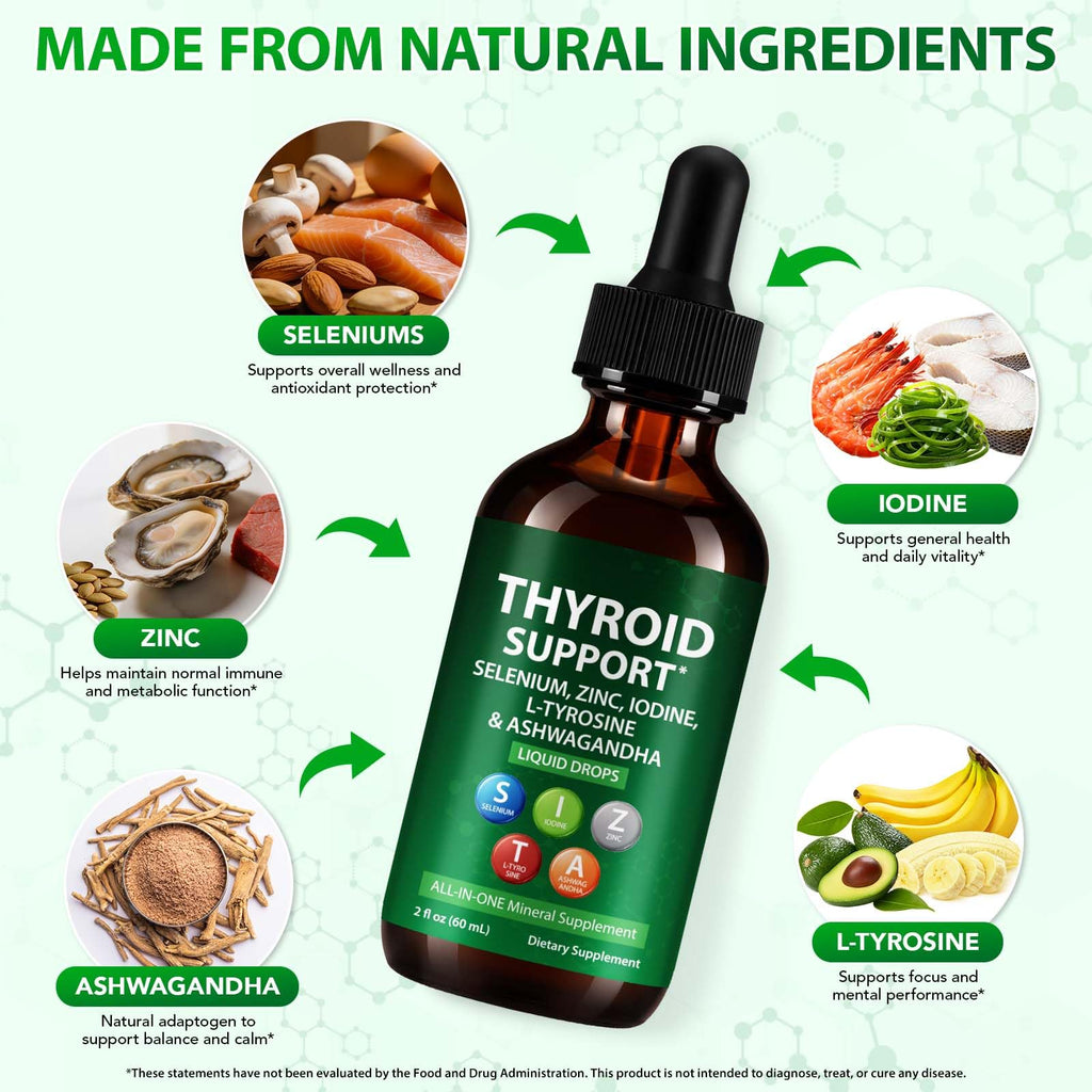 Iodine Selenium Zinc Ashwagandha L-Tyrosine Thyroid Support Liquid Drops 2 Fl Oz K56374