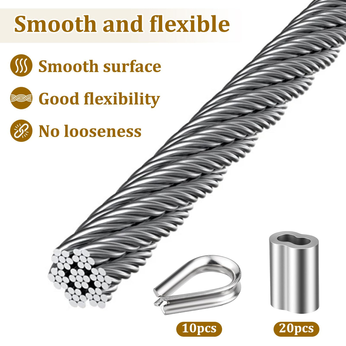 1/8" Stainless Steel Cable 100ft Wire Rope with Loop Sleeve and Thimble P4417