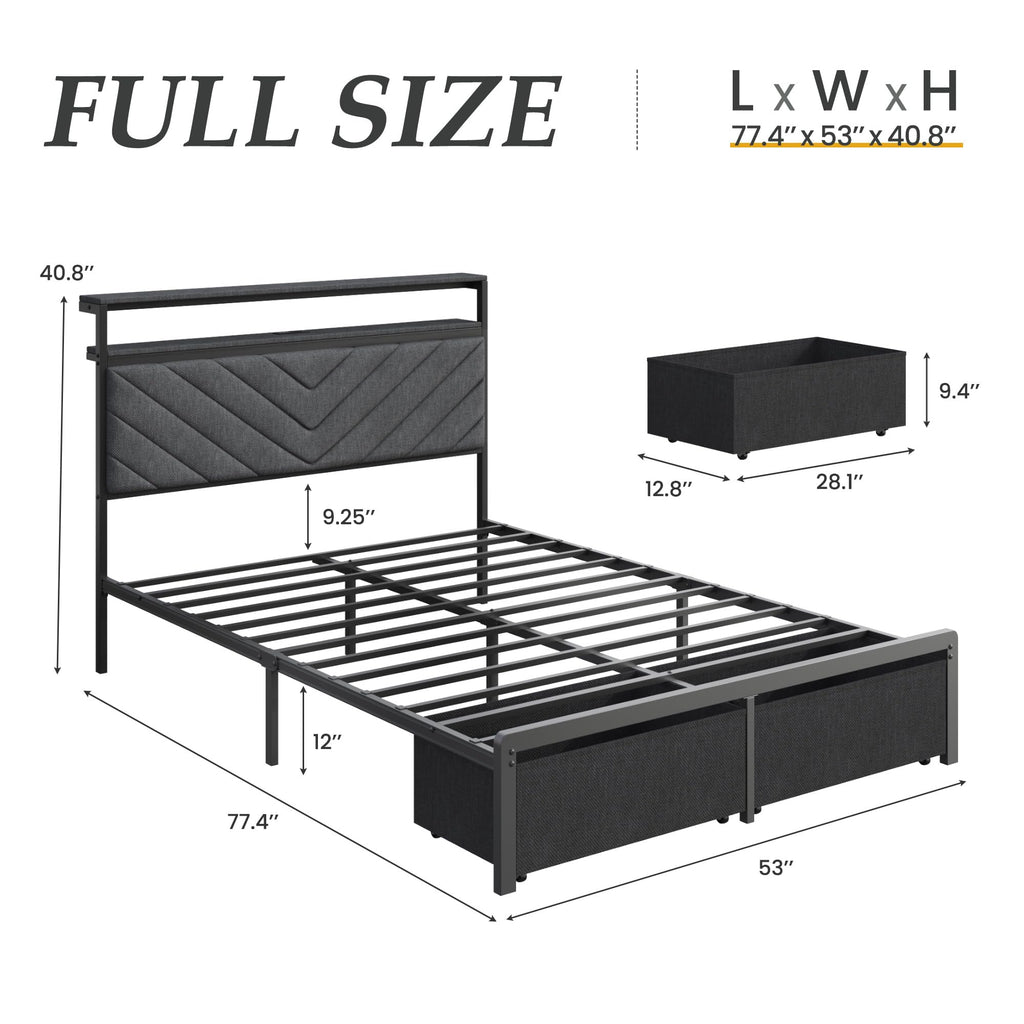 Grey Full Bed Frame with 2 Drawers N5617