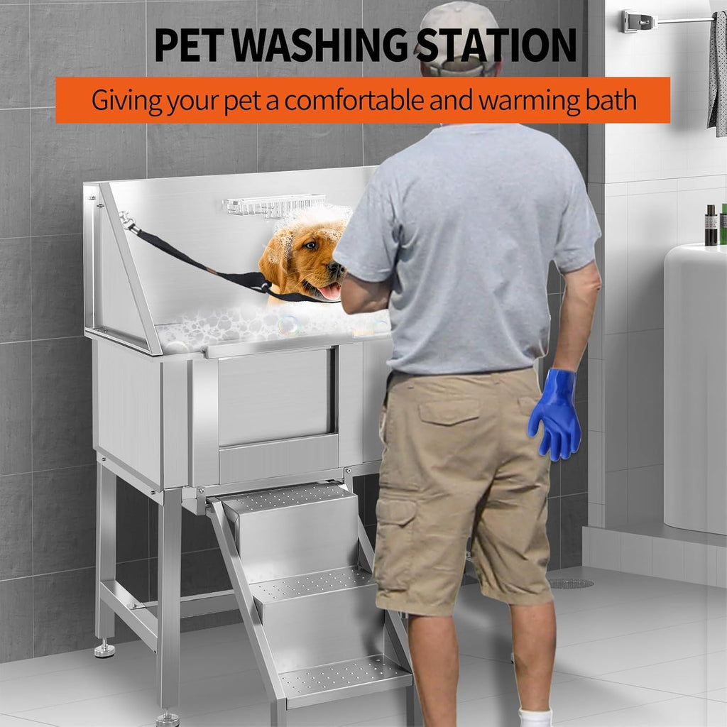 38" Stainless Steel Dog Grooming Tub with Anti-Slip Stairs A3076