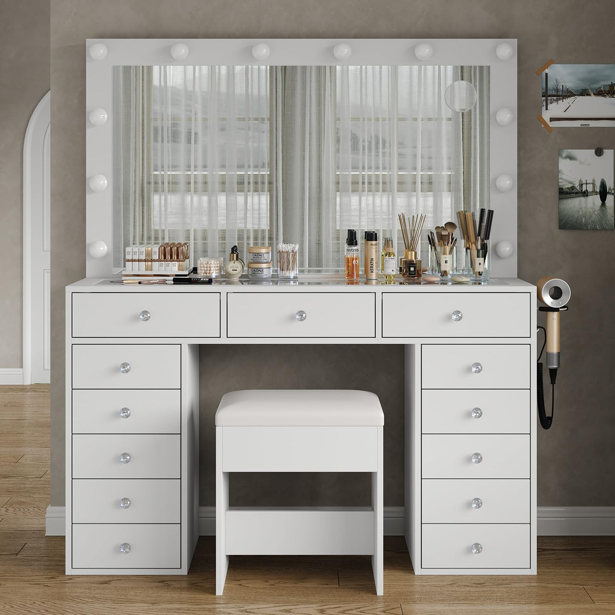 47" White Makeup Vanity with 13 Drawers and HD Mirror W2102