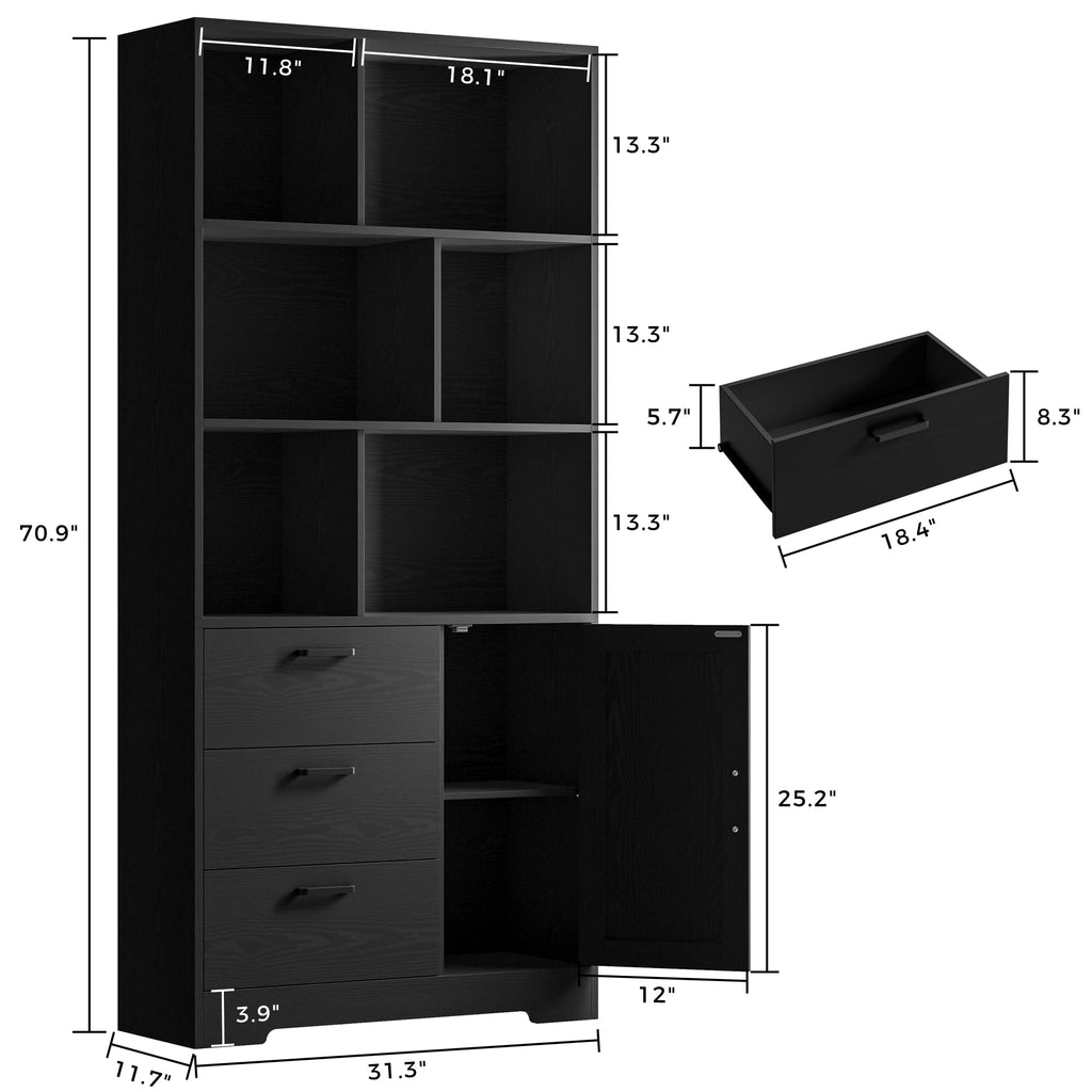 70.9-Inch Black Bookcase with Doors and 3 Drawers B111037