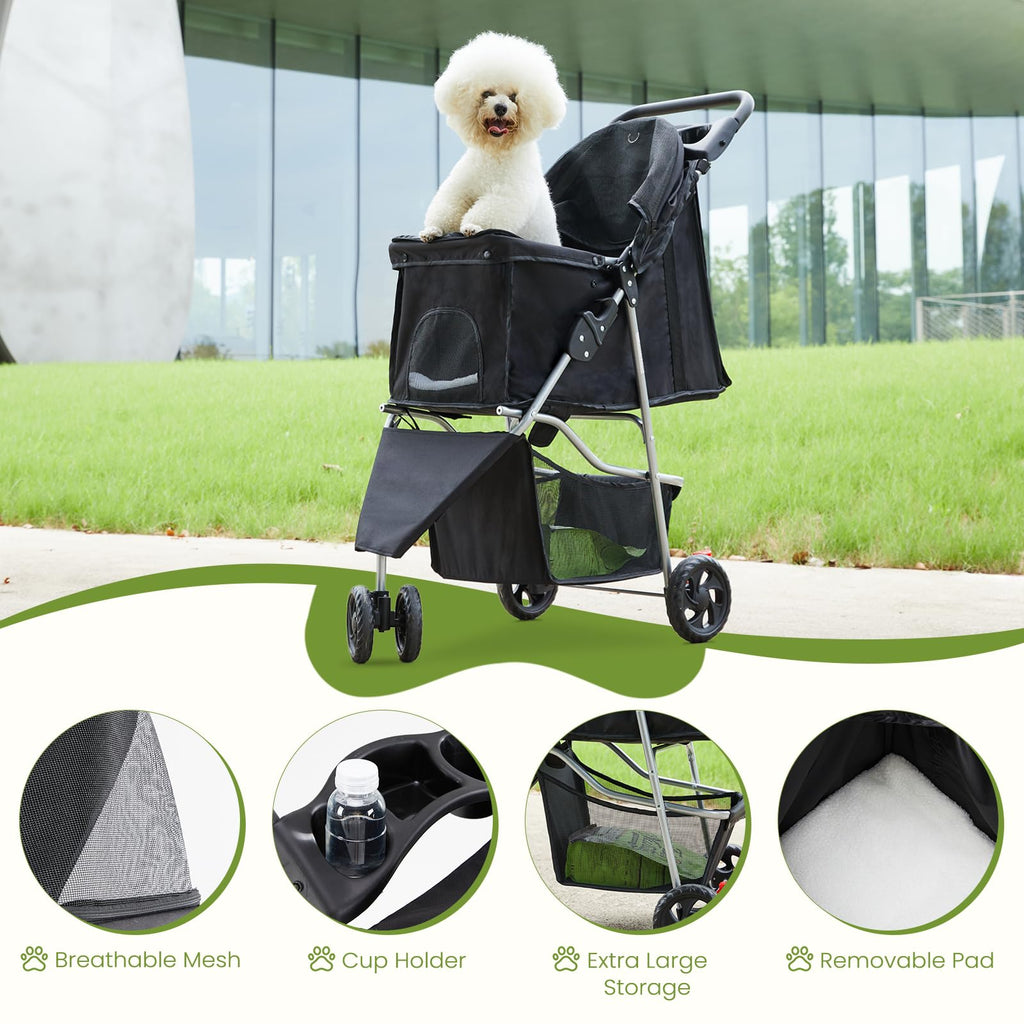 3 Wheels Pet Stroller with Storage Basket and Cup Holder, Black A90780