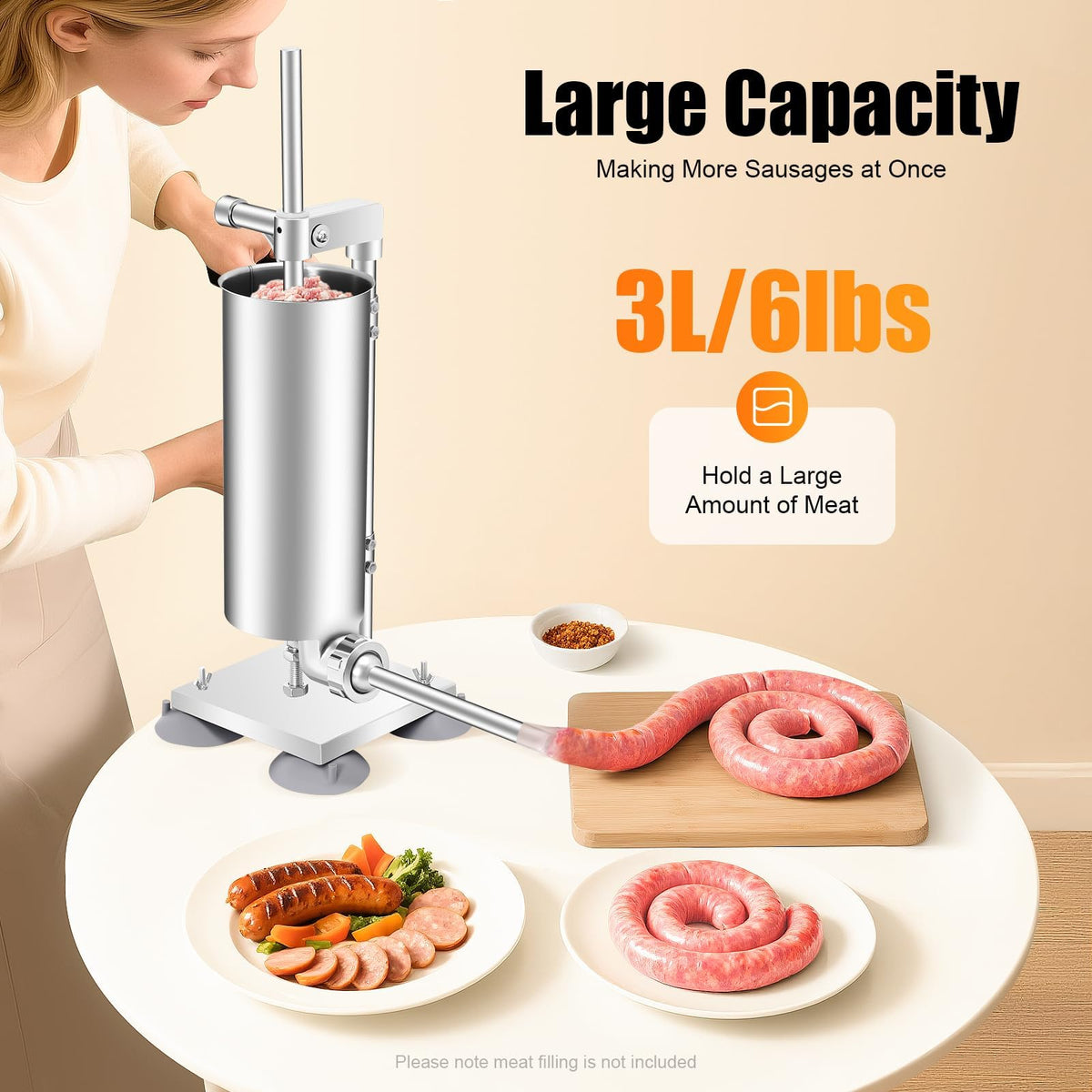 6Lbs Stainless Steel Vertical Sausage Stuffer with 6 Tubes U230699