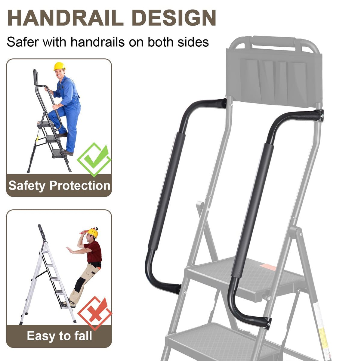 3 Step Folding Step Ladder with Handrails, 500 Lbs Capacity, Black X3626