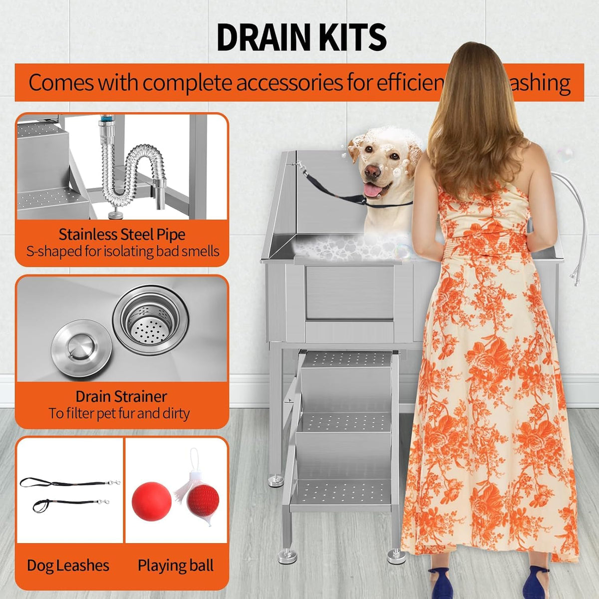 38" Stainless Steel Dog Grooming Tub with Anti-Slip Stairs A3076
