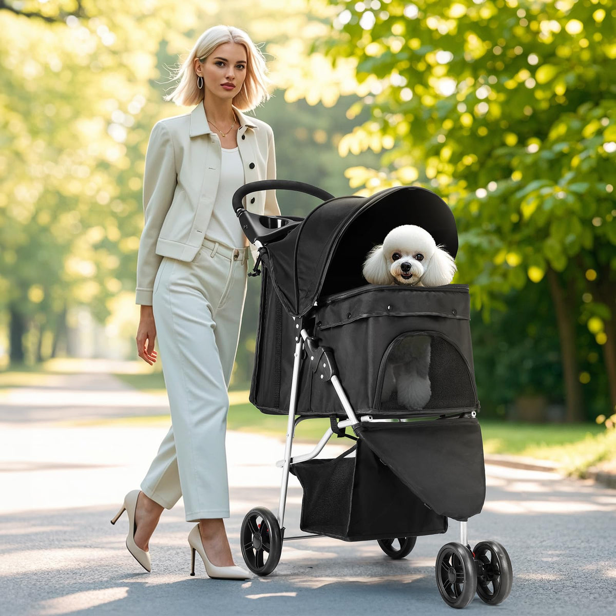 3 Wheels Pet Stroller with Storage Basket and Cup Holder, Black A90780