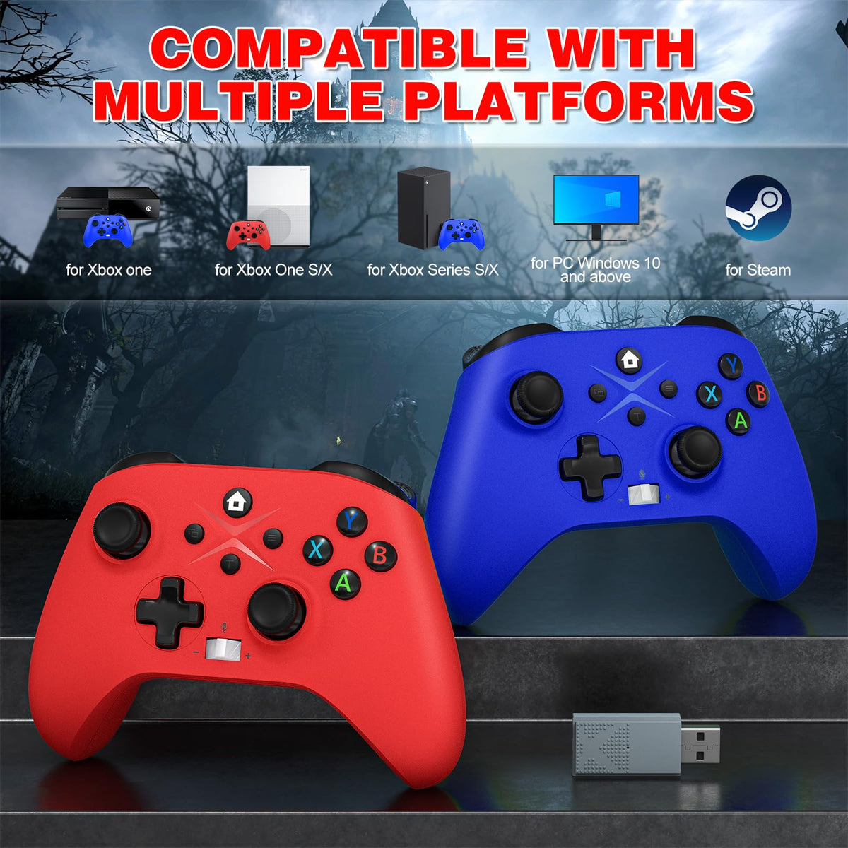 2 Pack Wireless Controller with Turbo Macro Hall Trigger Dual Vibration 3.5mm Audio Jack Built-in Battery 2.4GHz Adapter J8404