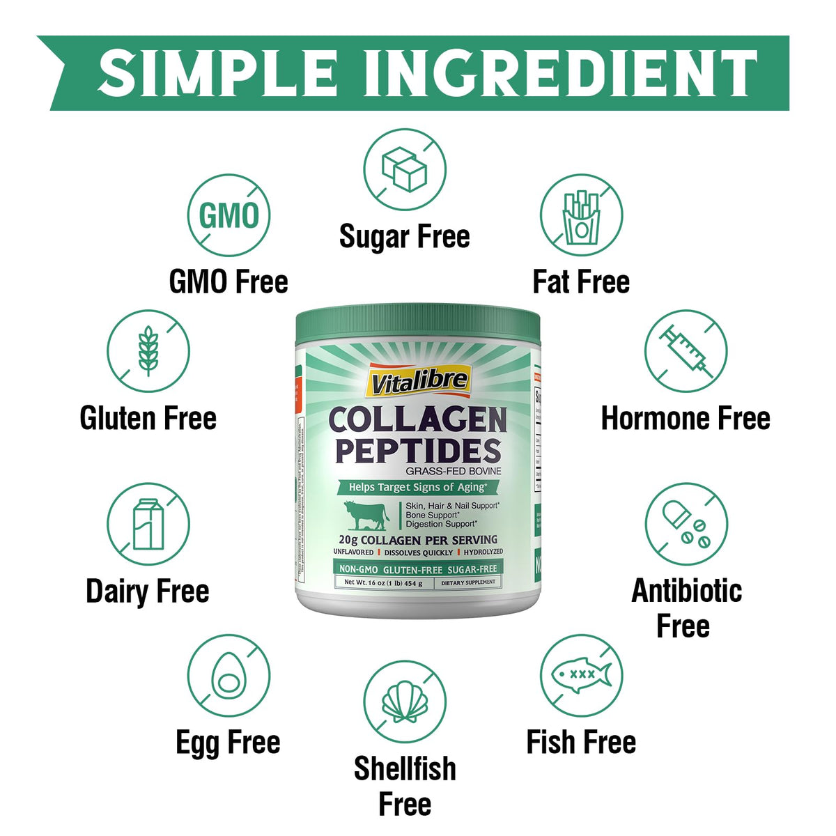Bovine Collagen Peptides Powder, Hydrolyzed Type I & III, Unflavored, 16oz K21779