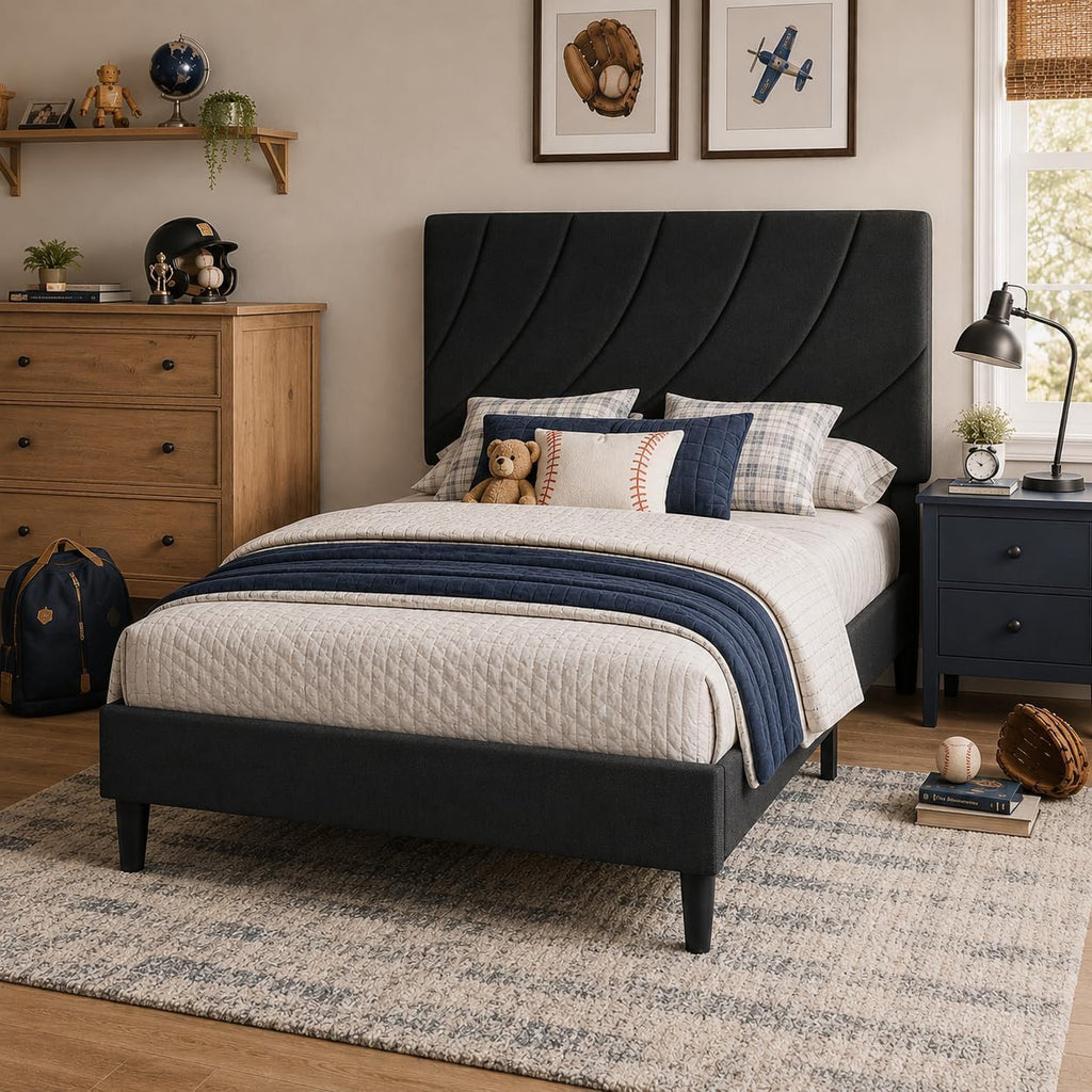 Twin Bed Frame with Adjustable Headboard, Black U548138