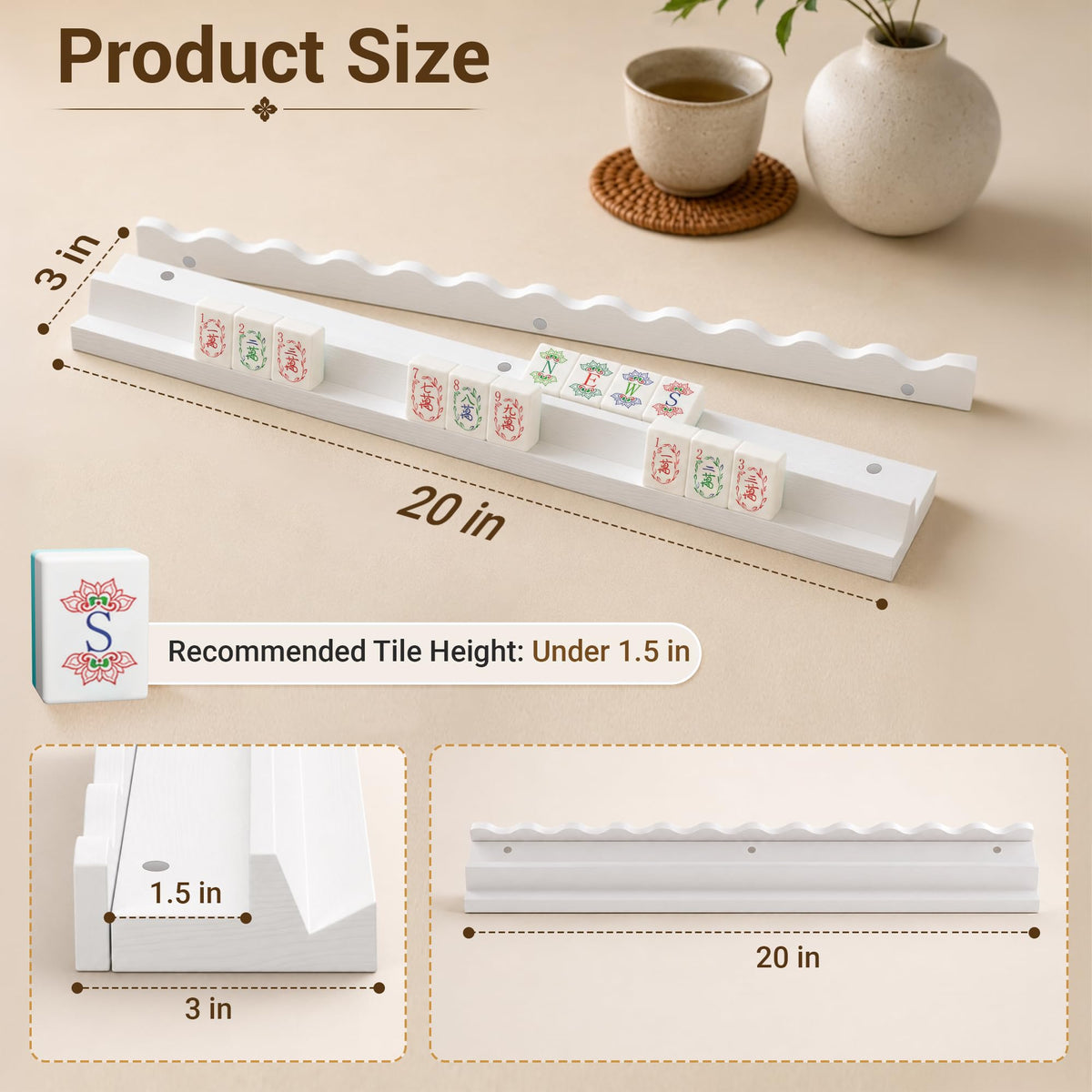 White Scalloped Wooden Mahjong Racks with Pushers Set of 4 I390751