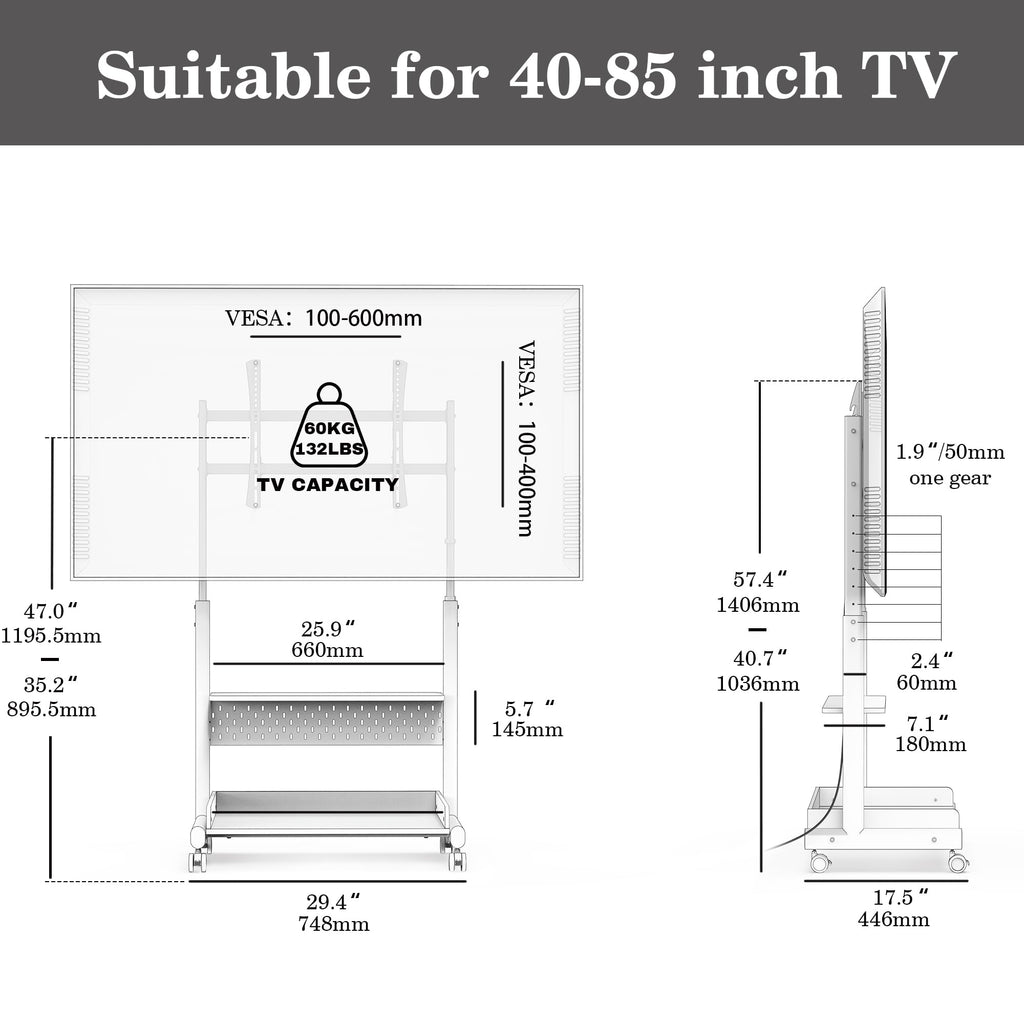 Rolling TV Stand Mount with Wooden Shelf R448
