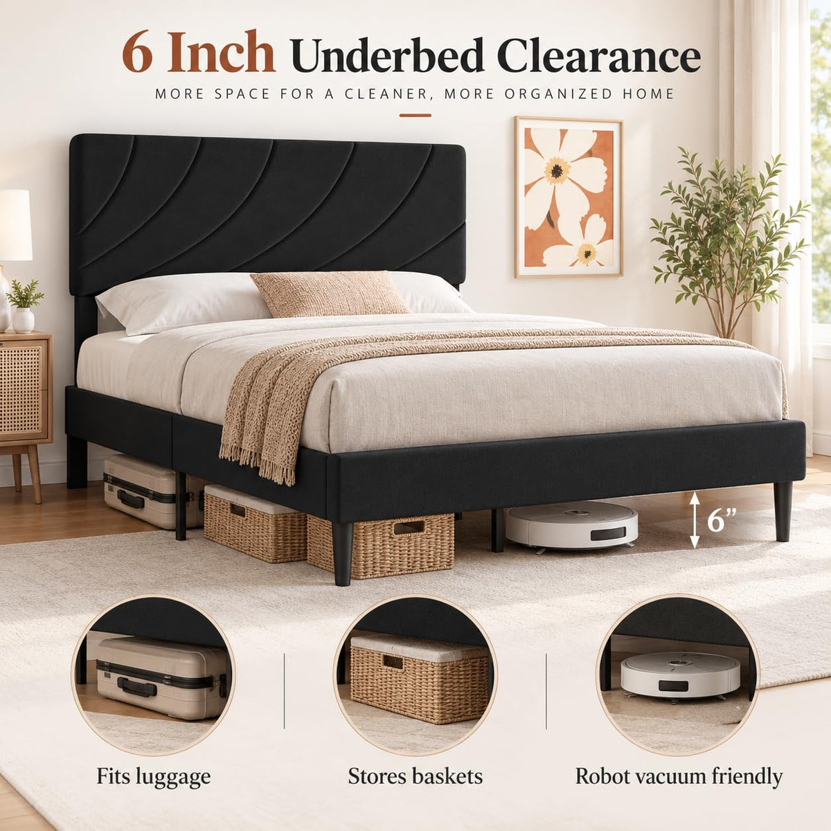 Twin Bed Frame with Adjustable Headboard, Black U548138
