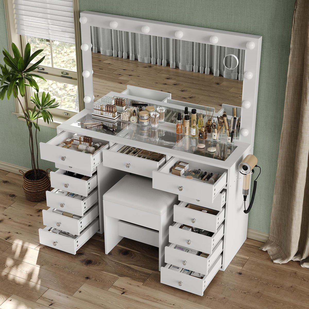 47" White Makeup Vanity with 13 Drawers and HD Mirror W2102