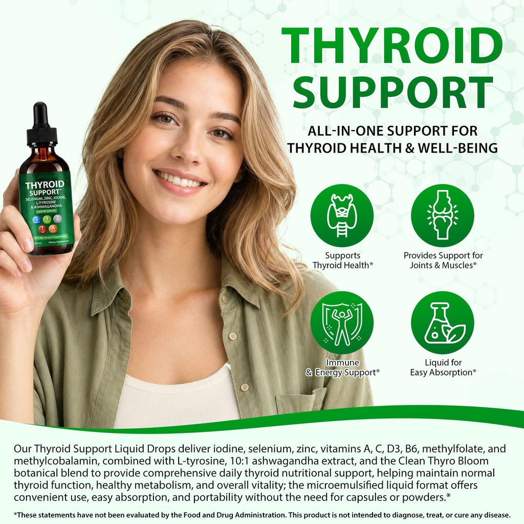 Iodine Selenium Zinc Ashwagandha L-Tyrosine Thyroid Support Liquid Drops 2 Fl Oz K56374