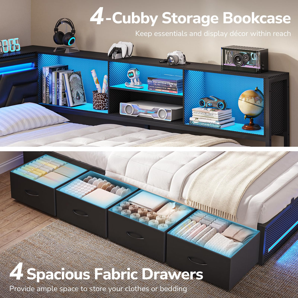 Corner Bed Frame with Storage Bookcase and 4 Drawers I91667
