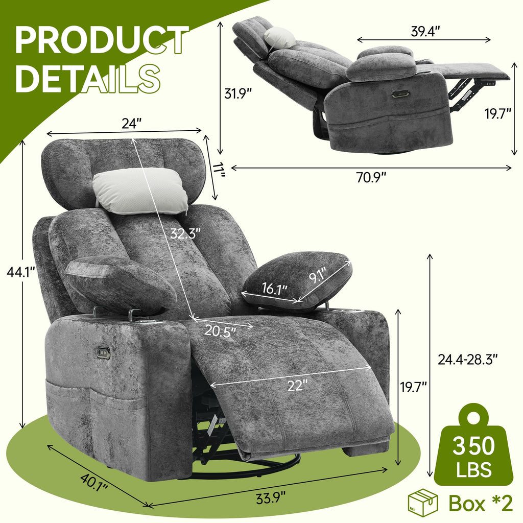 Dark Gray Swivel Rocking Recliner Chair with USB Charging T2903