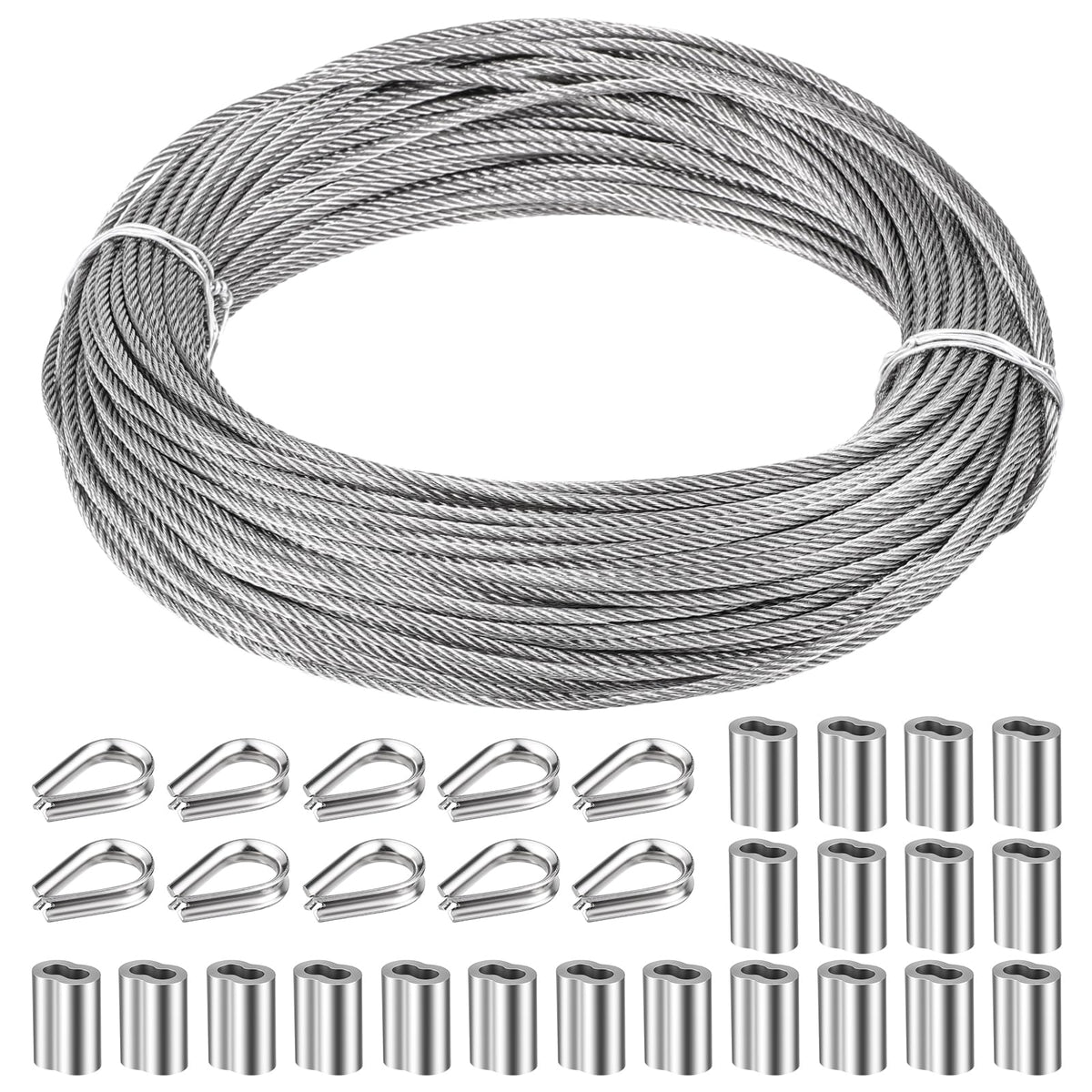1/8" Stainless Steel Cable 100ft Wire Rope with Loop Sleeve and Thimble P4417
