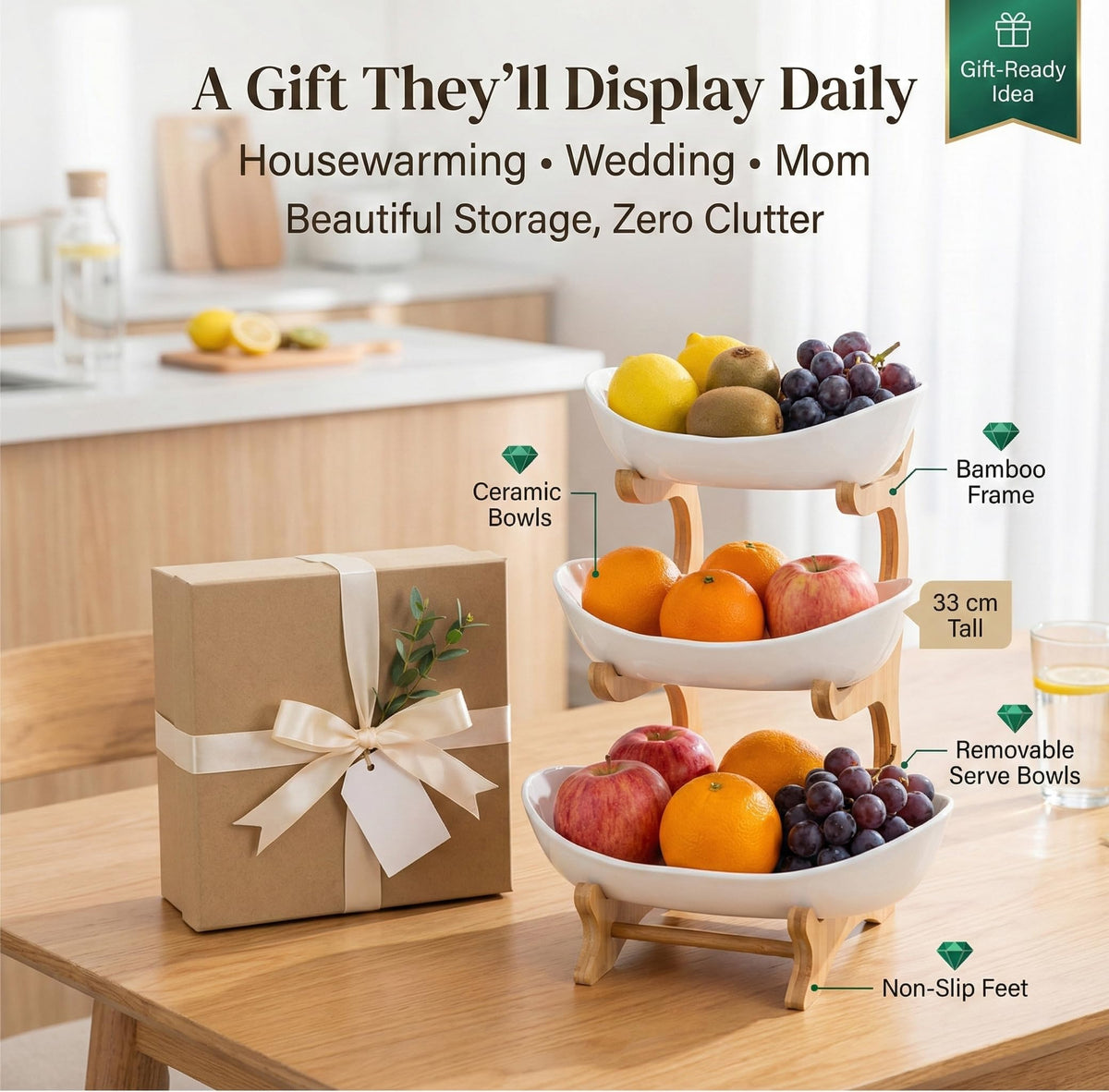 3 Tier Ceramic Fruit Bowls with Wooden Stand L91879