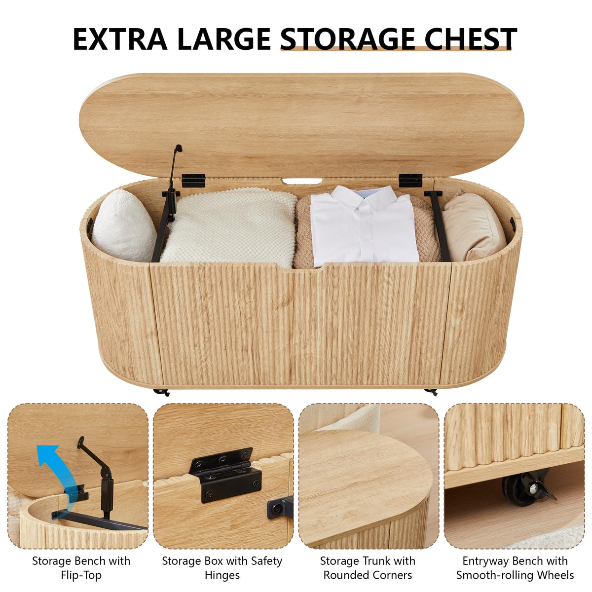 Natural Fluted Storage Bench with 4 Wheels W69135