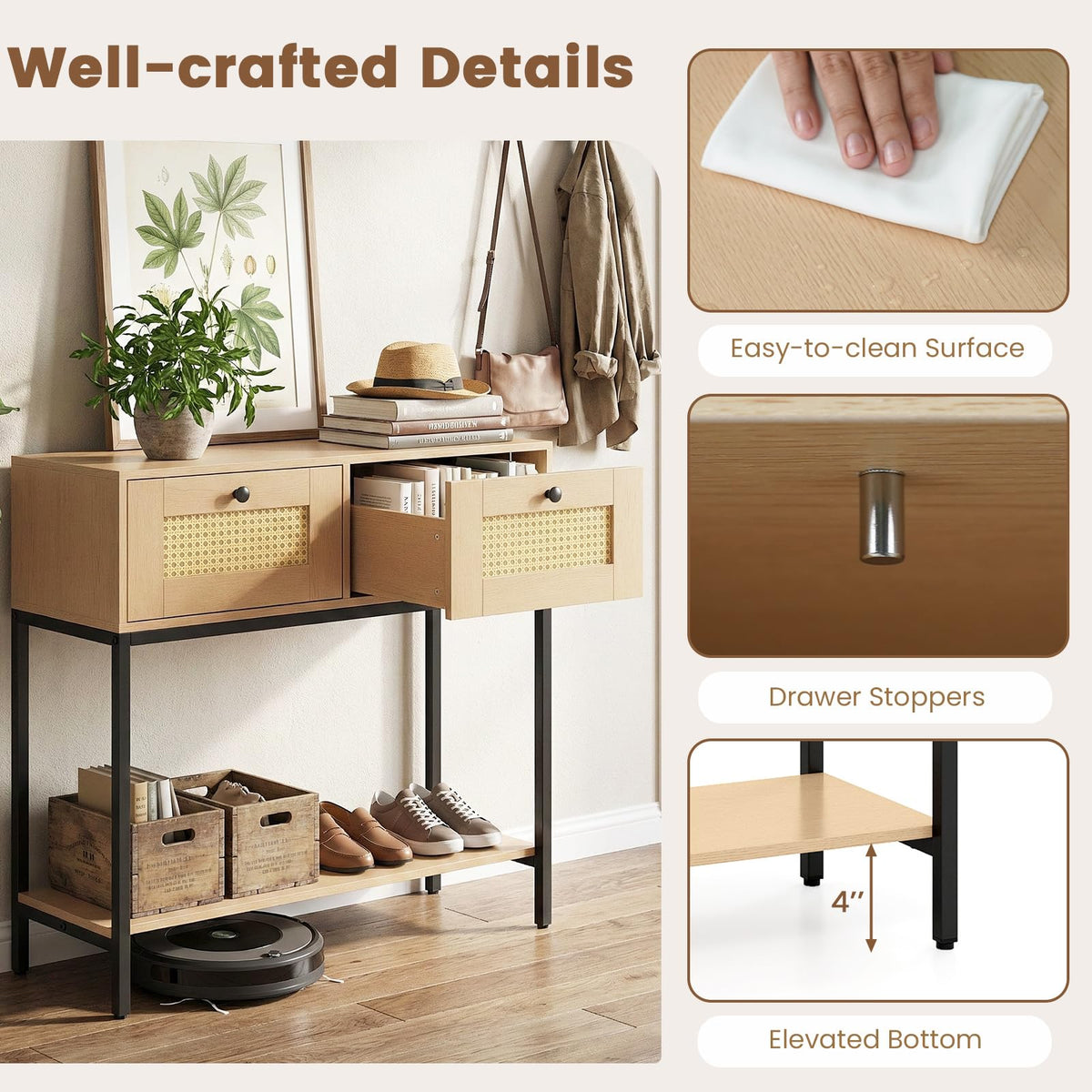 Oak Rattan Console Table with 2 Drawers F571