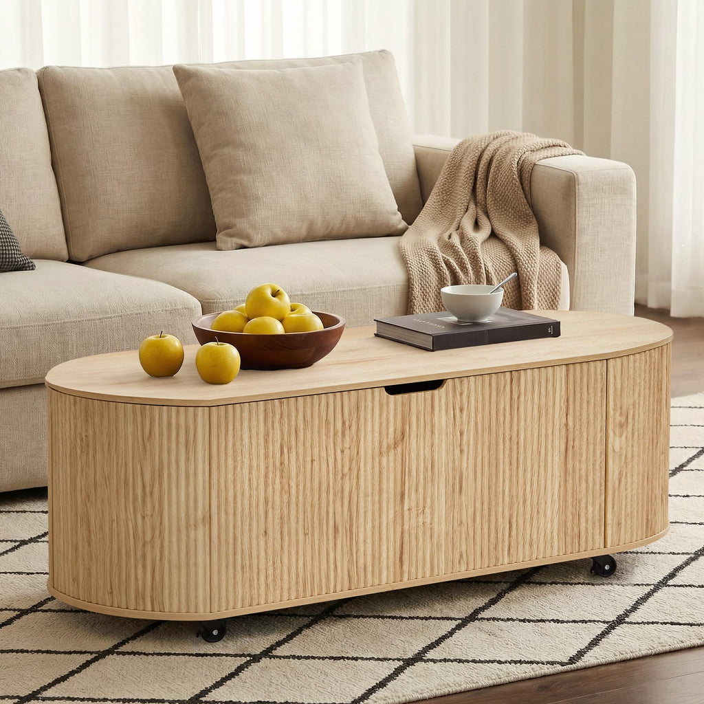 Natural Fluted Storage Bench with 4 Wheels W69135