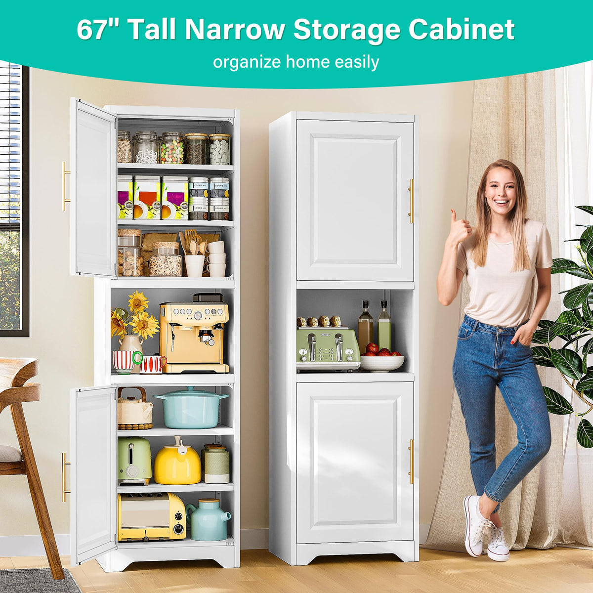 67" Tall Narrow White Metal Bathroom Storage Cabinet L76125
