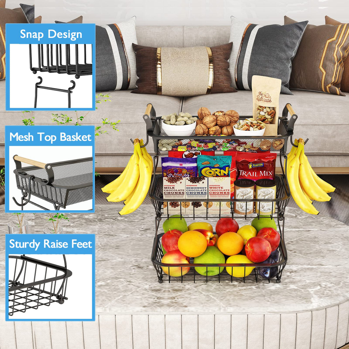 3 Tier Fruit Basket with 2 Banana Hangers L66663