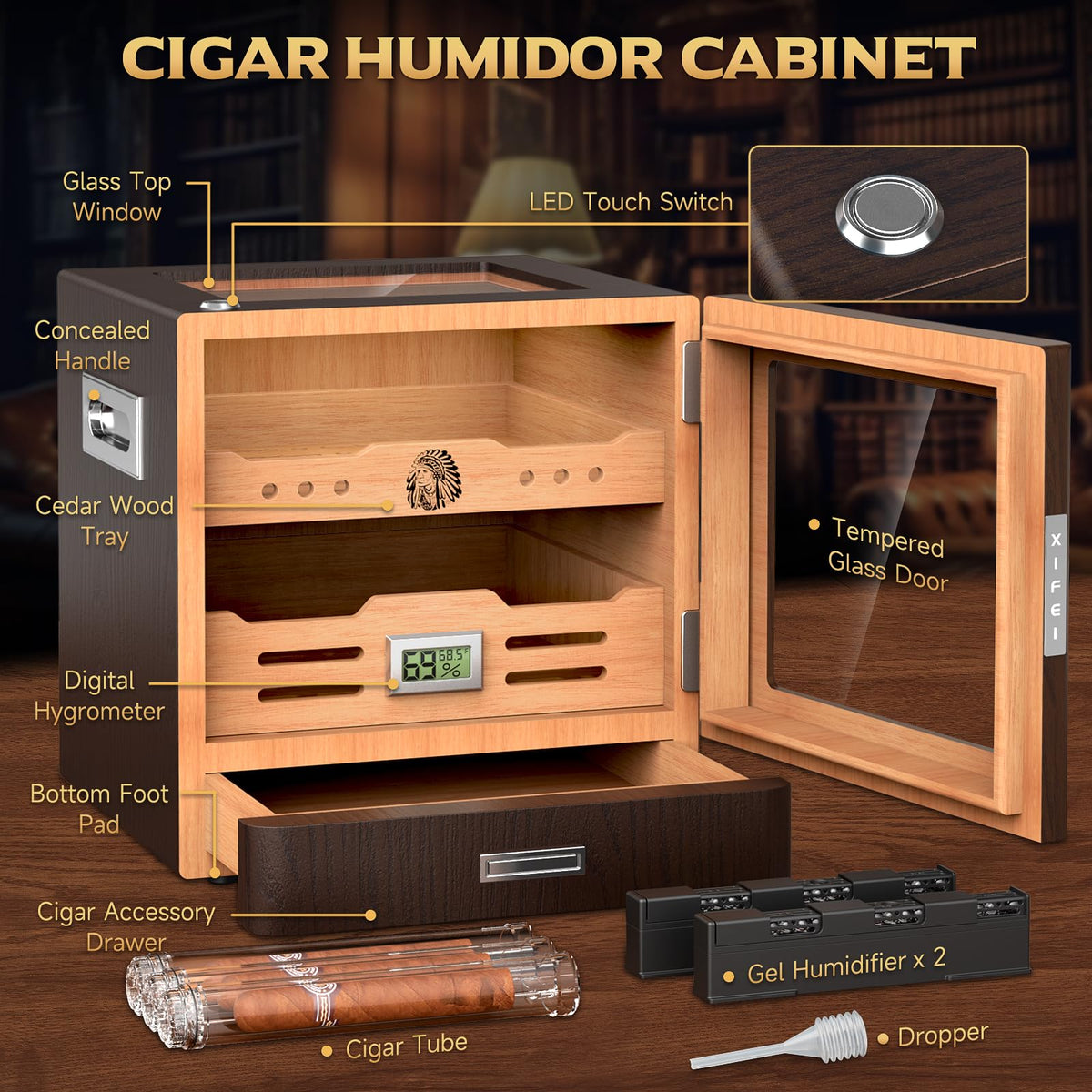 Cigar Humidor Cabinet with Digital Hygrometer and 2 Humidifiers B282252