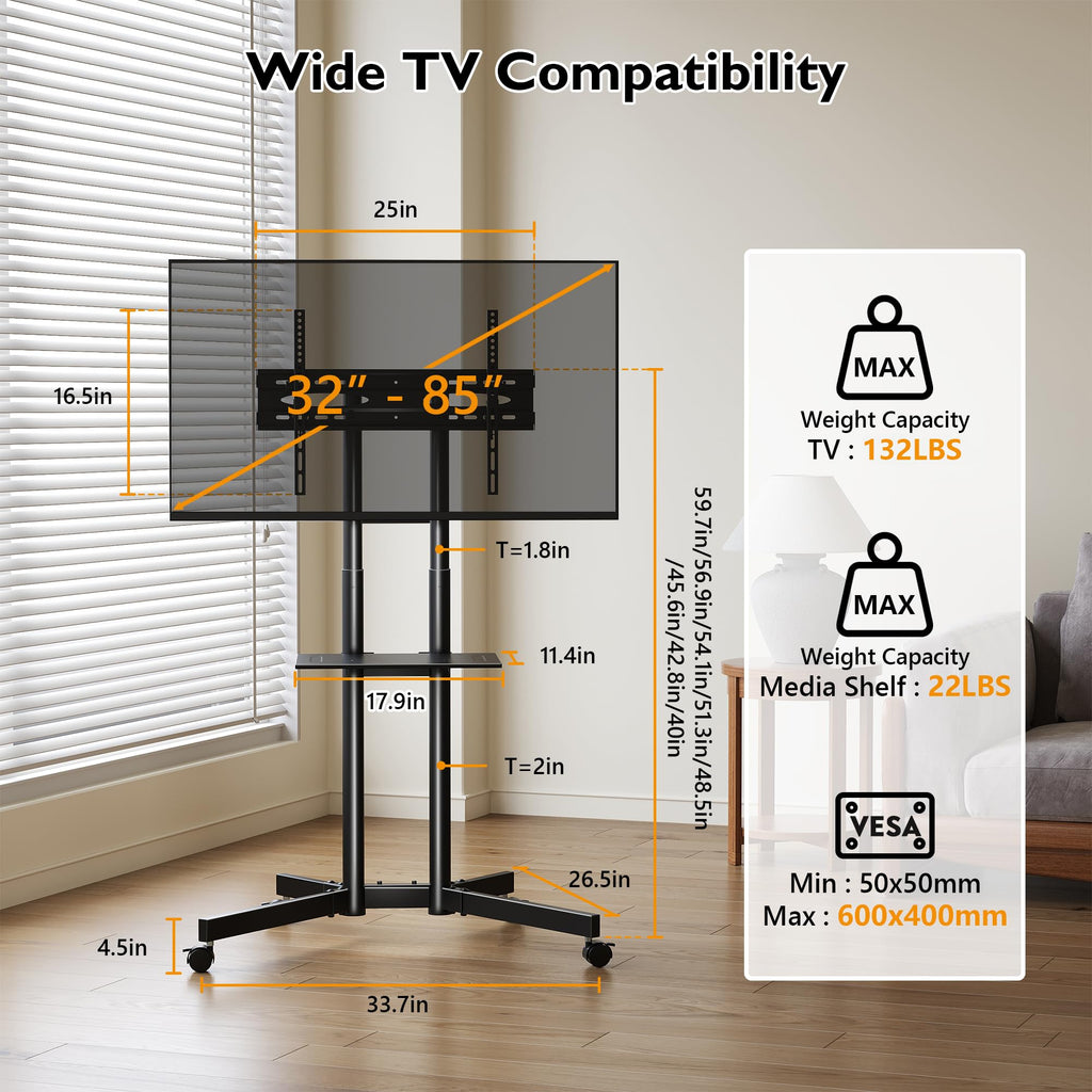 Rolling TV Stand with Tilt, Black C4342