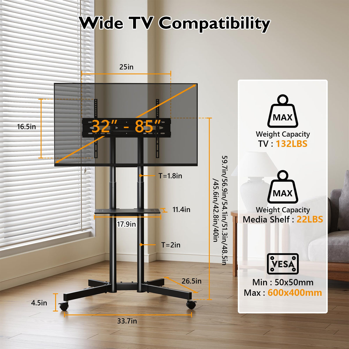 Rolling TV Stand with Tilt, Black C4342