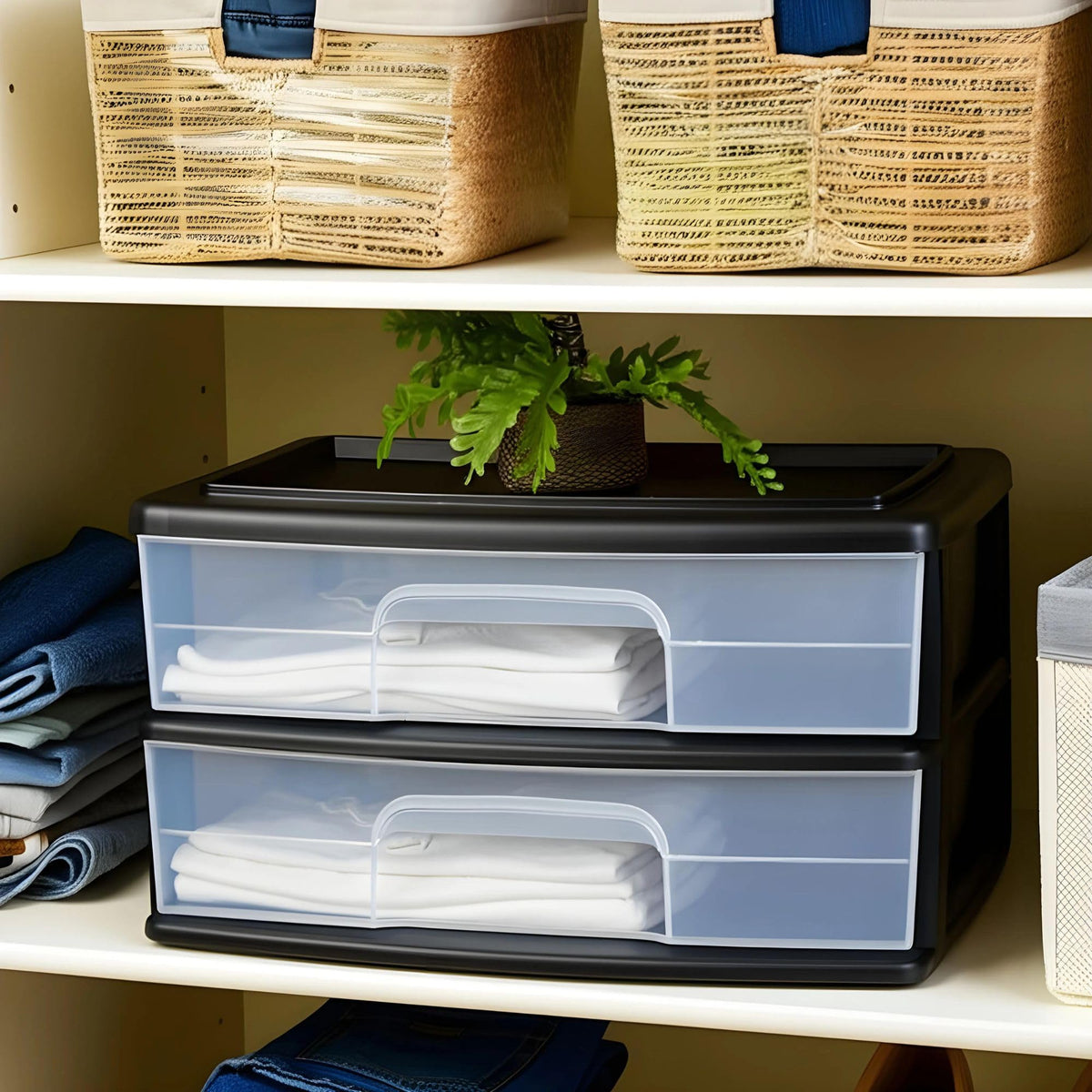 2-Tier Black Storage Drawer Tower, 2 Pack W34465