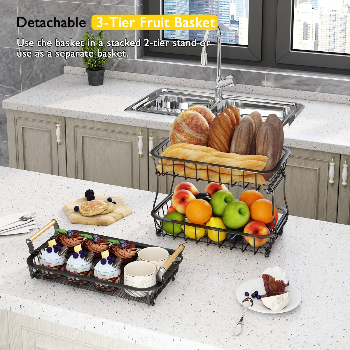 3 Tier Fruit Basket with 2 Banana Hangers L66663