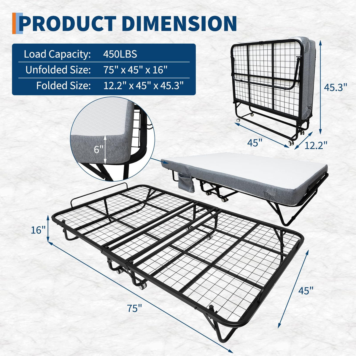 Folding Bed with 6 Inch Memory Foam Mattress M60853