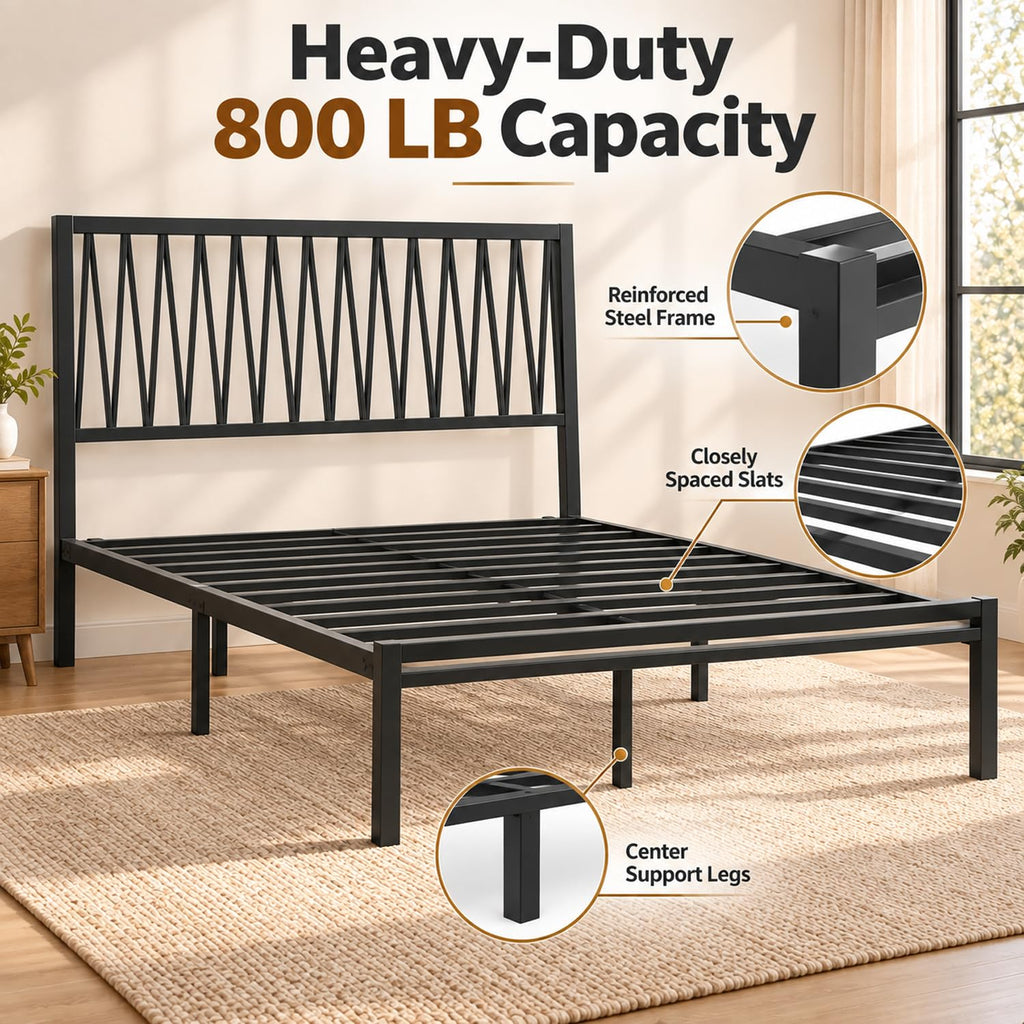 Black Metal Queen Bed Frame with Geometric Headboard B448