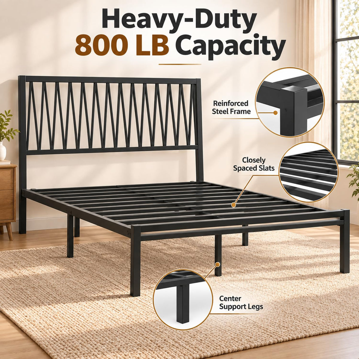 Black Metal Queen Bed Frame with Geometric Headboard B448