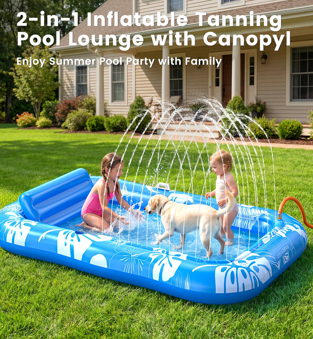 Inflatable Tanning Pool Lounger Float with Sprinkler, Pillow & Cup Holder L324