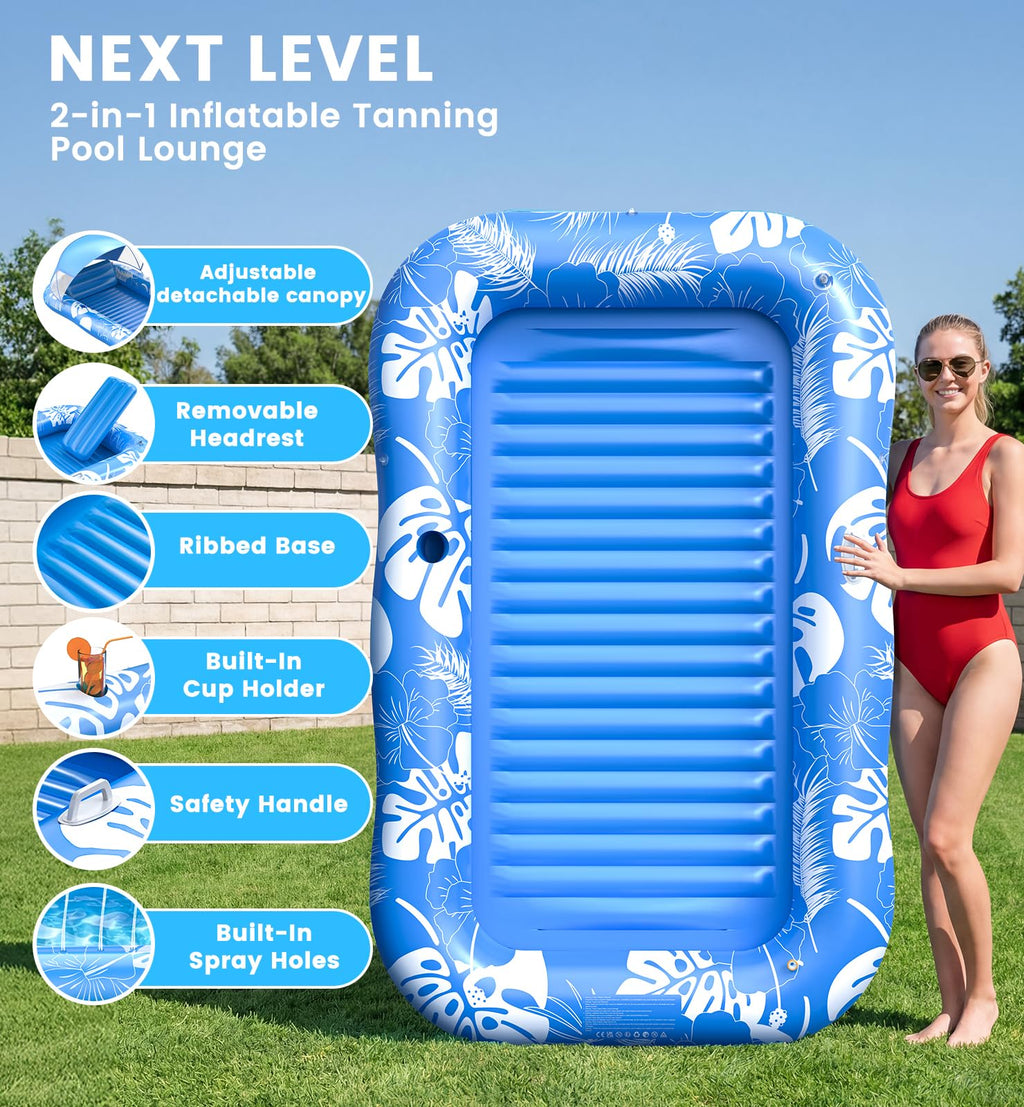 Inflatable Tanning Pool Lounger Float with Sprinkler, Pillow & Cup Holder L324