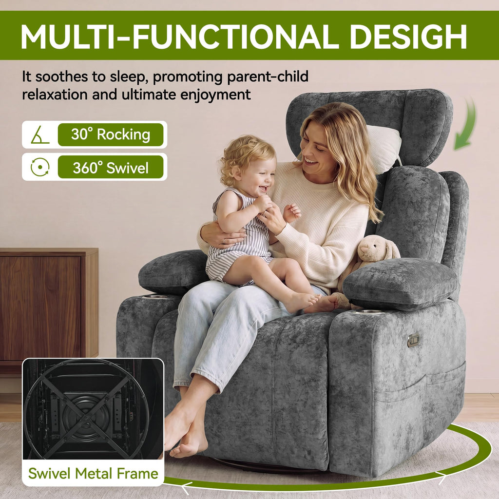 Dark Gray Swivel Rocking Recliner Chair with USB Charging T2903