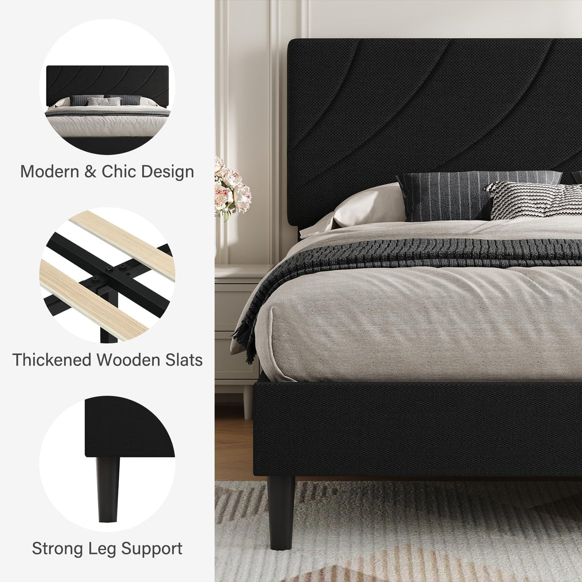 Twin Bed Frame with Adjustable Headboard, Black U548138