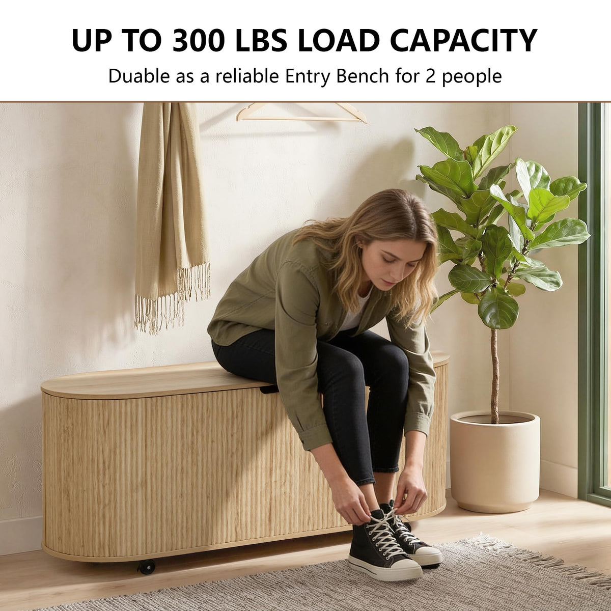 Natural Fluted Storage Bench with 4 Wheels W69135