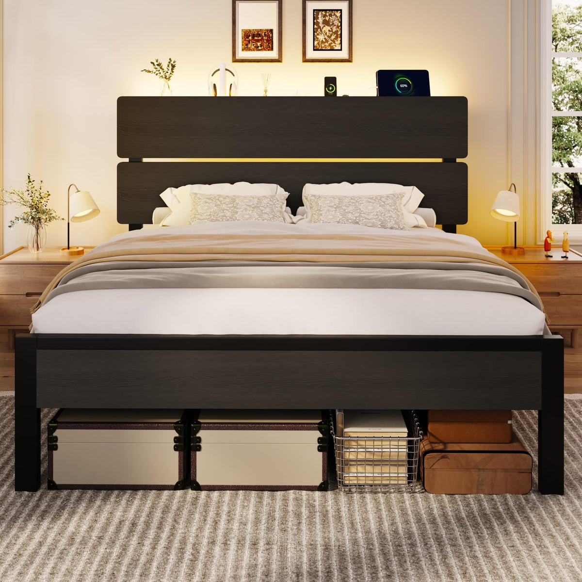 Full Size Bed Frame with Charging Station V87856