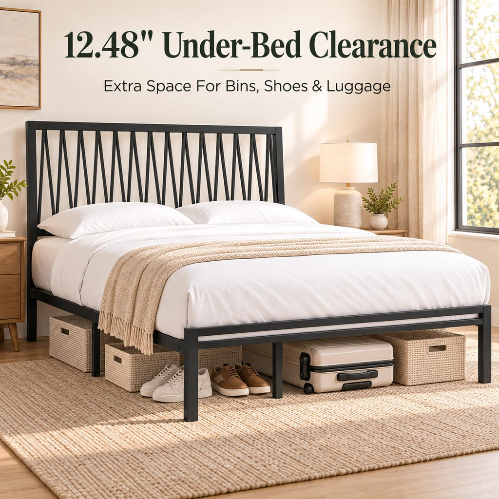 Black Metal Queen Bed Frame with Geometric Headboard B448