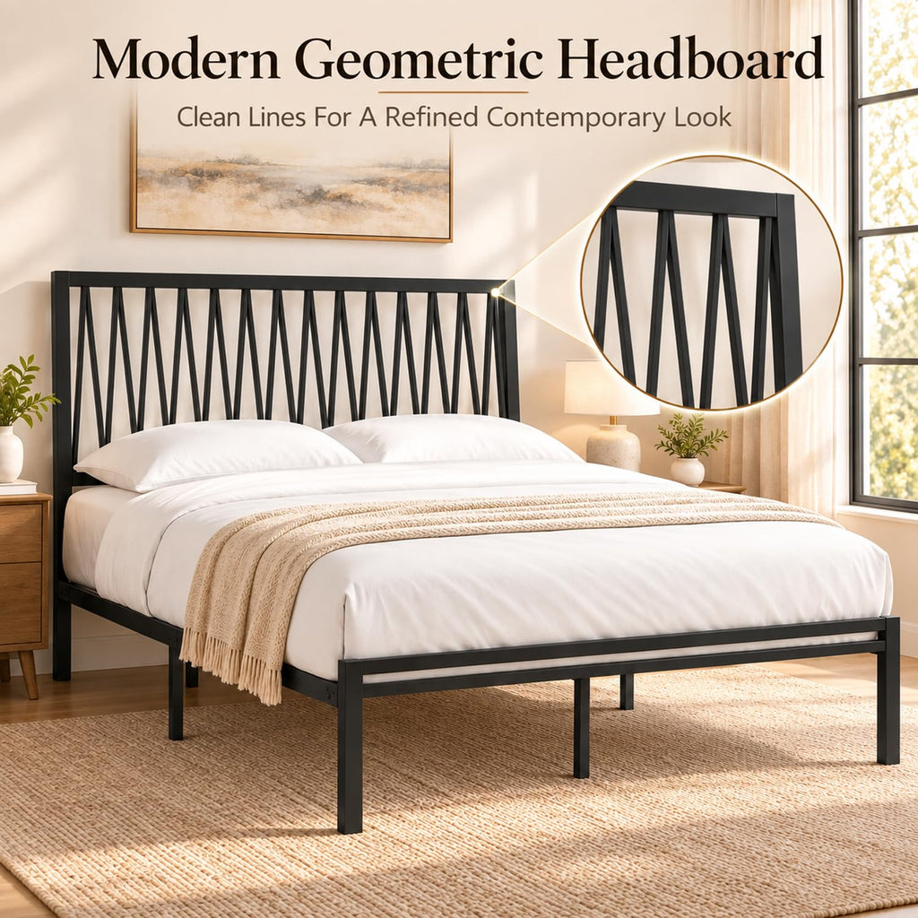 Black Metal Queen Bed Frame with Geometric Headboard B448