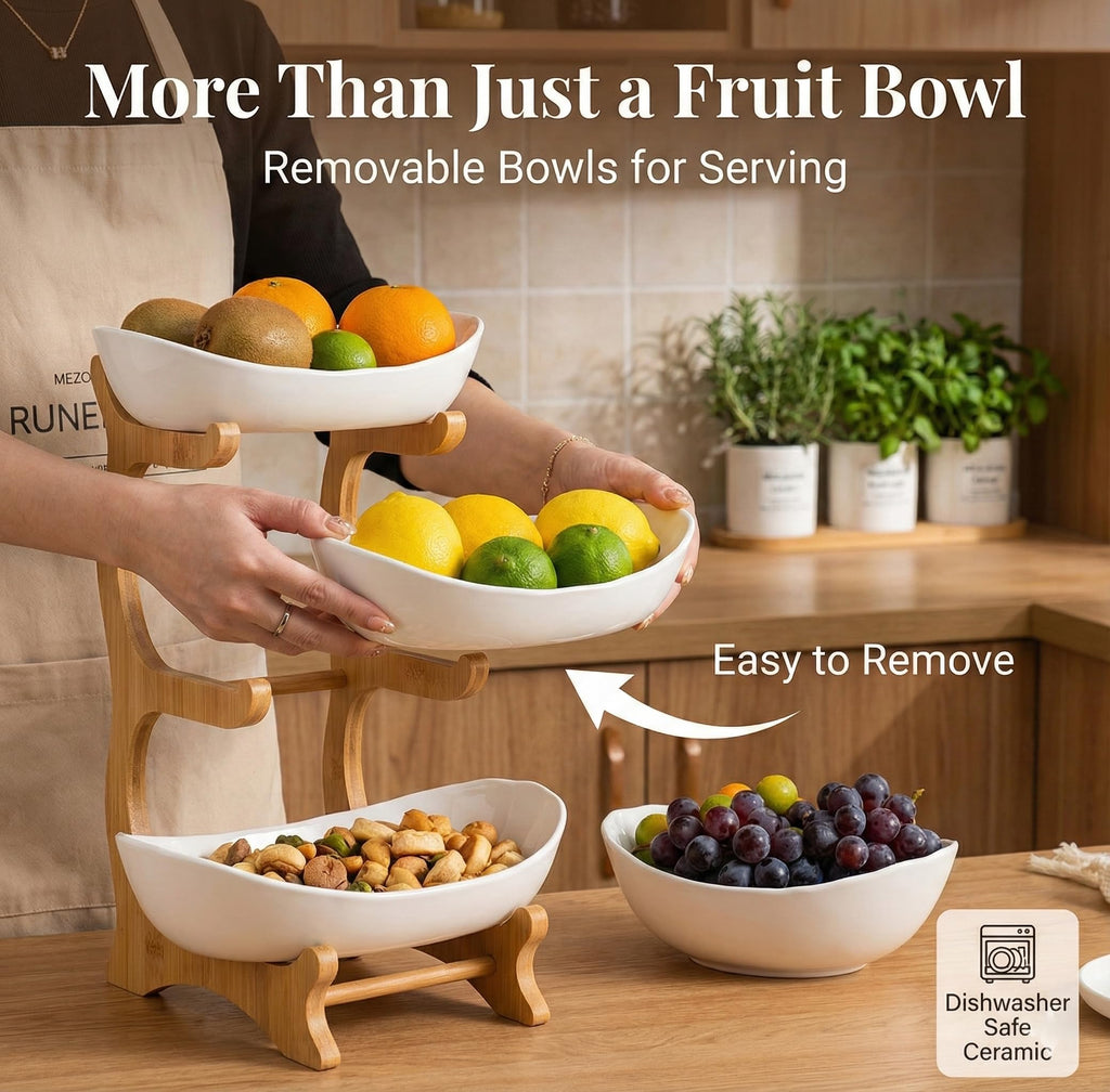 3 Tier Ceramic Fruit Bowls with Wooden Stand L91879