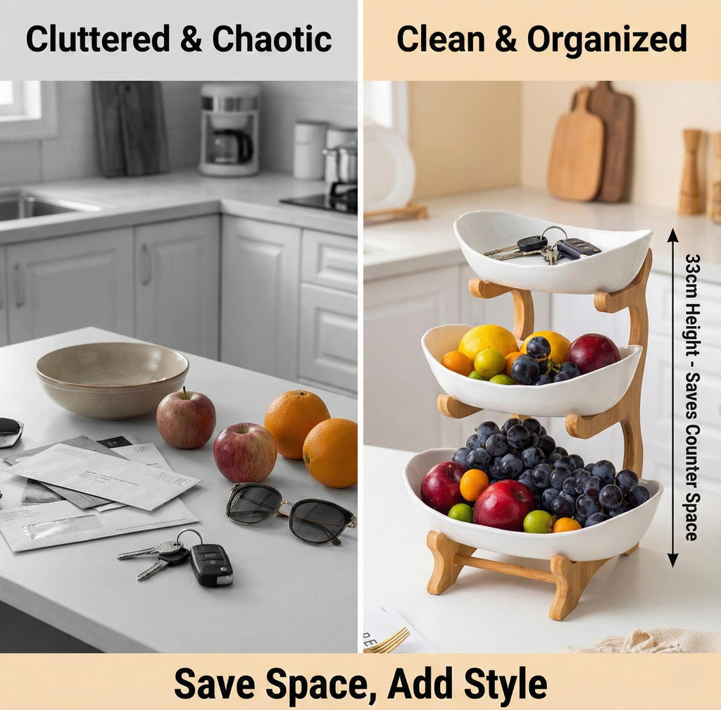 3 Tier Ceramic Fruit Bowls with Wooden Stand L91879